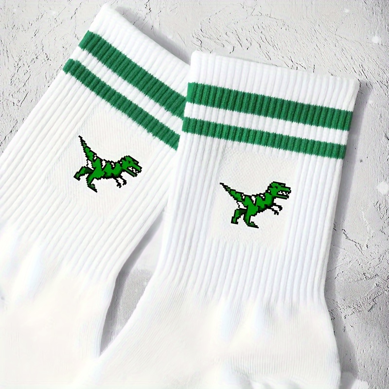 

1 Pair Dinosaur & Striped Print Sports Socks, Breathable Mid Tube Socks, Women's Stockings & Hosiery