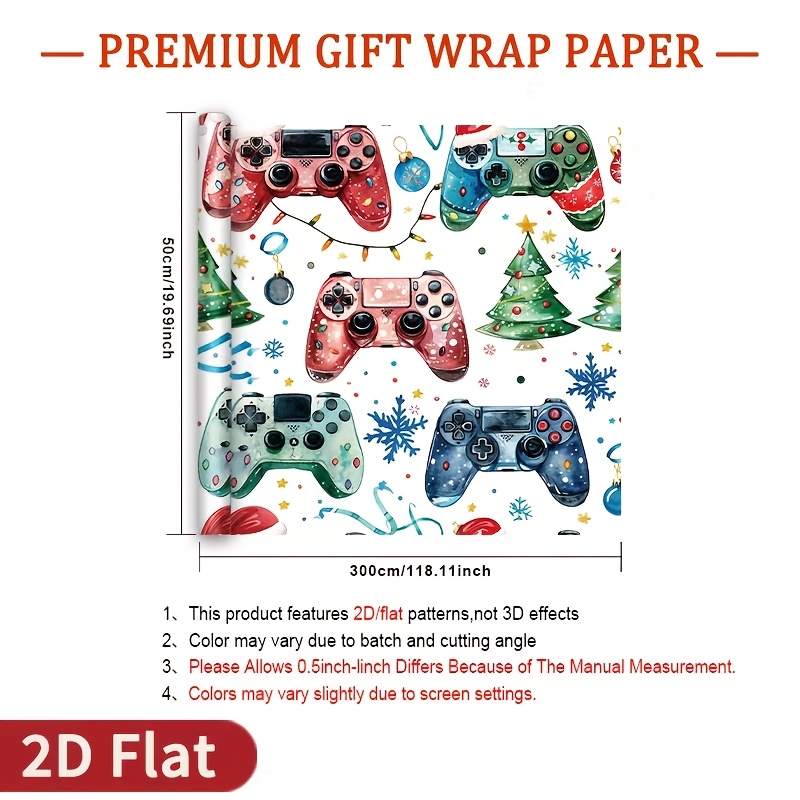 TEMU 1 Rouleau de Papier Cadeau pour Sapin de Noël et de Jeu - Base Blanche avec Manettes de Jeu Colorées, de Neige, , Bonnets et Ornements, Papier