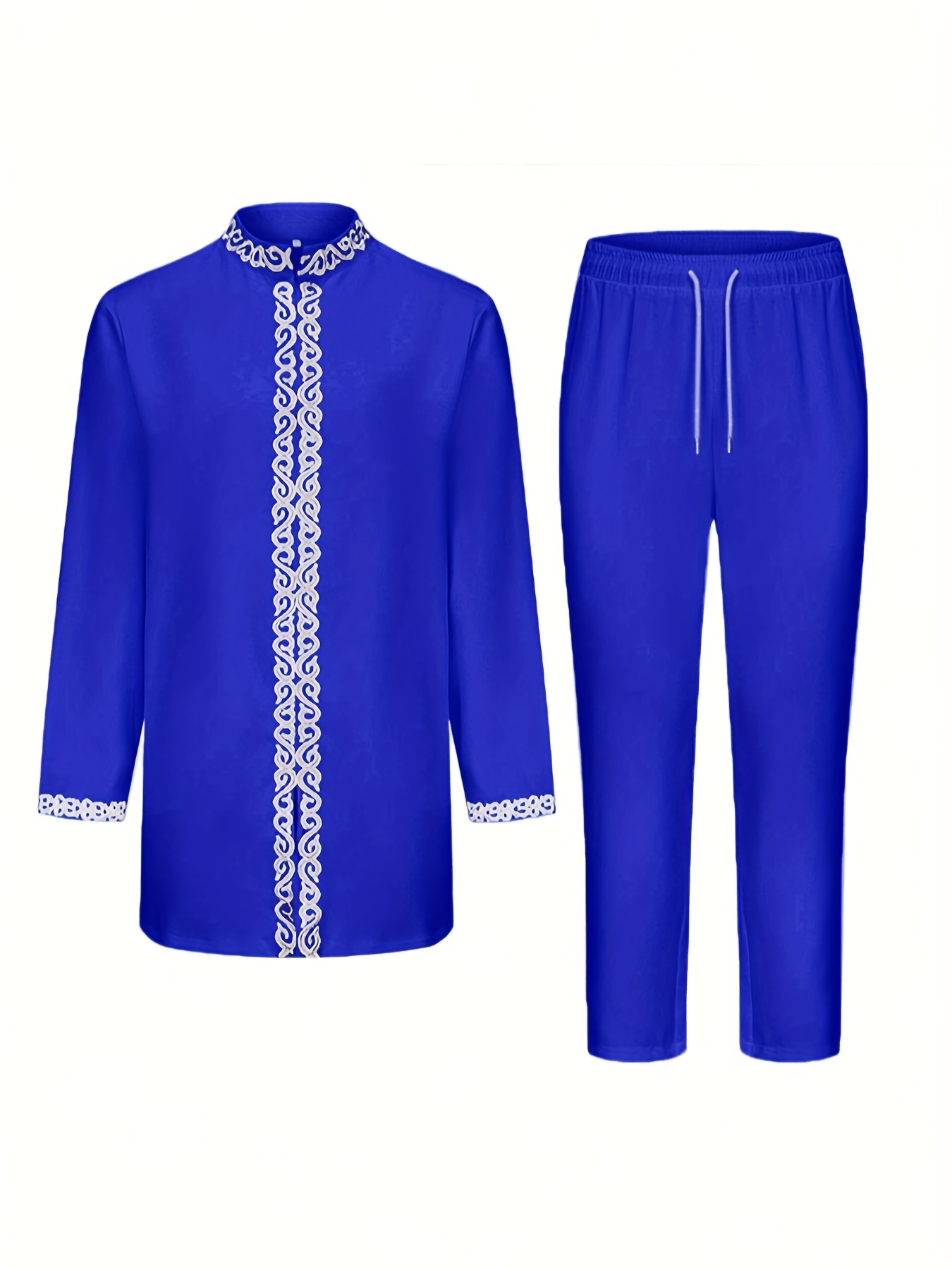 Men'S Vibrant Blue Traditional African Embroidered Suit - Slim Fit, Long Sleeve, Round Neck, Polyester Blend for Weddings, Parties & Casual Wear, Party Attire, Intricate Embroidery