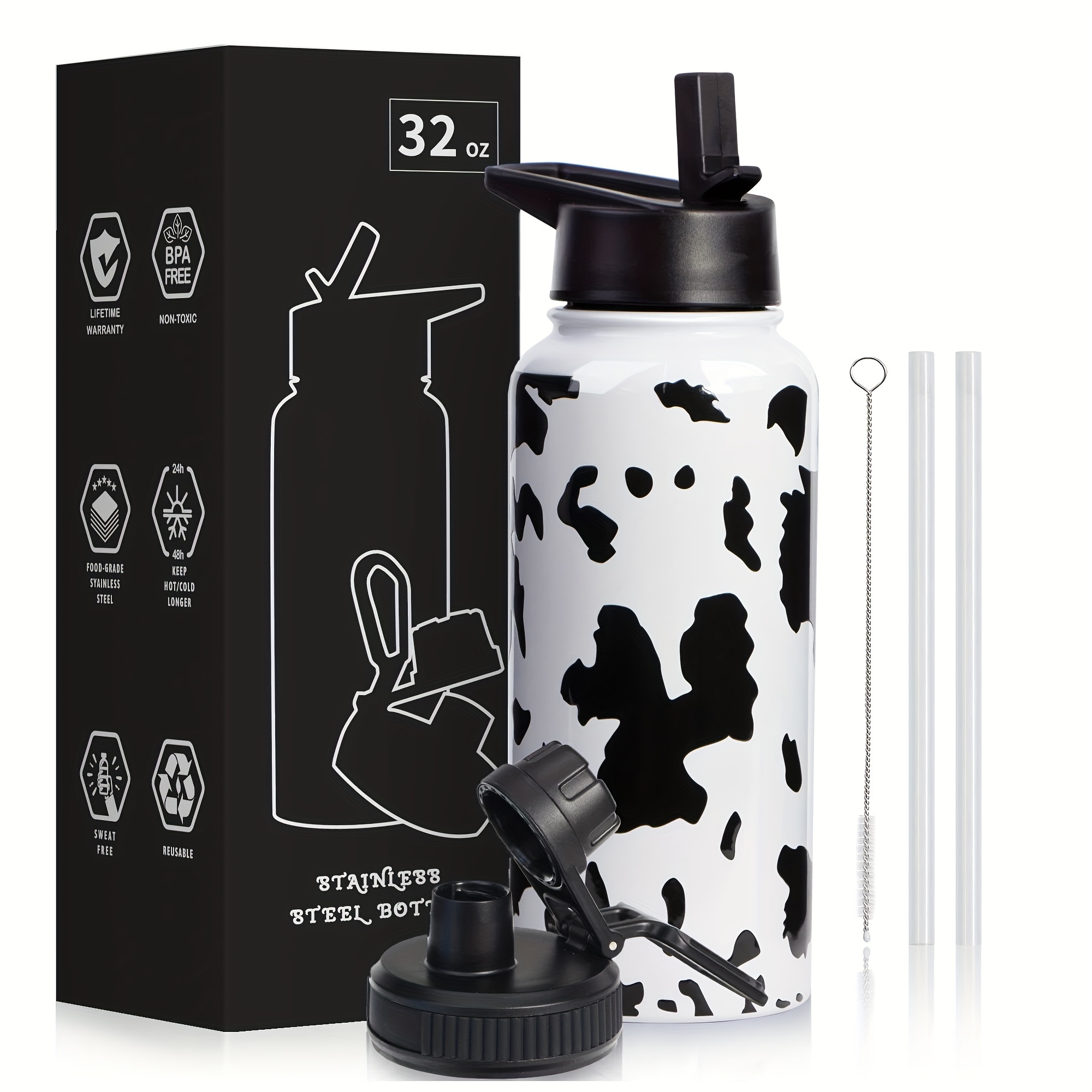 

32oz Cow Print Vacuum Insulated Stainless Steel Water Bottles With Straw & Spout , Double Wall Sport Bottle, Sweat-proof Bpa Free, Metal Jug, Cow Gifts