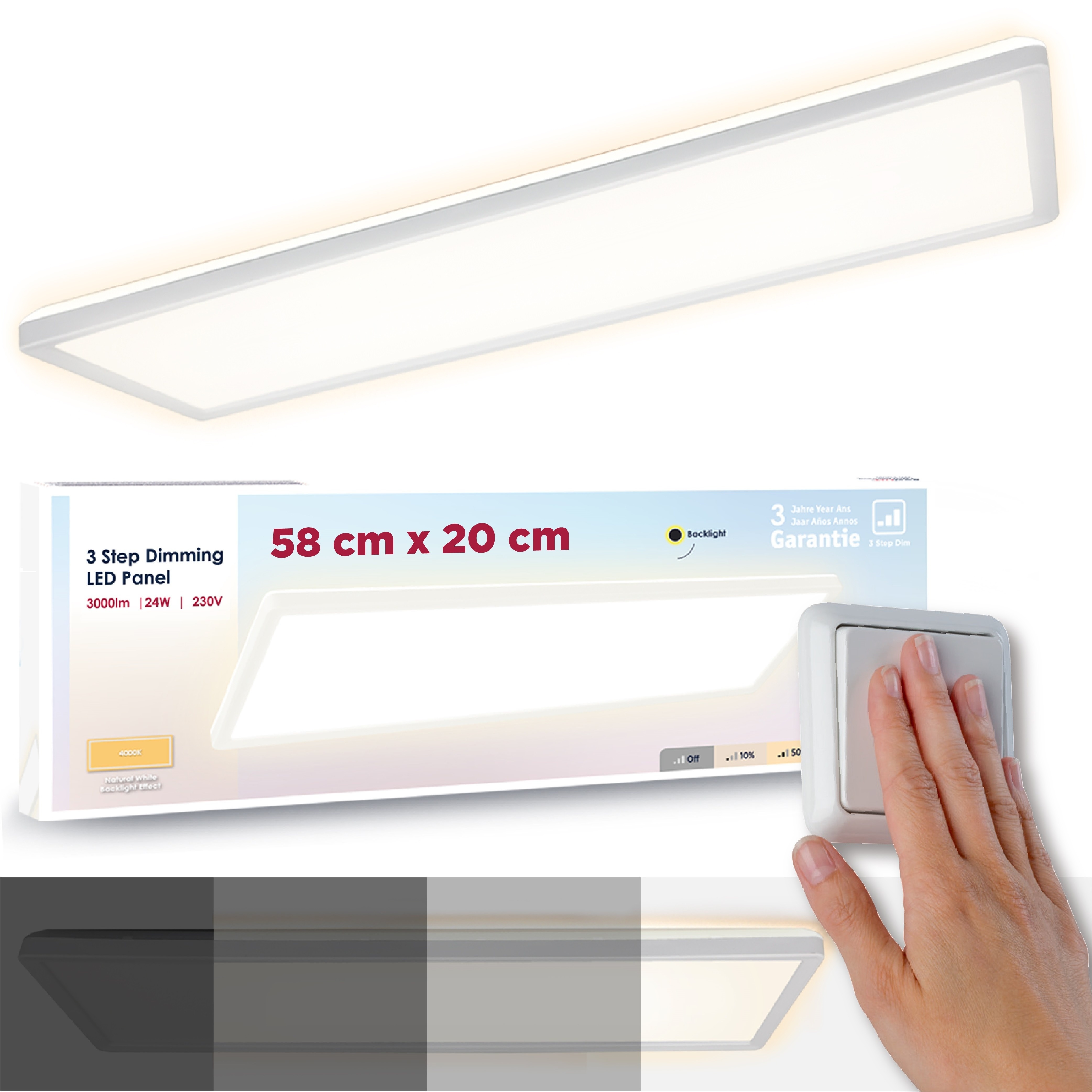 

Led Panel Ceiling Light, 580 X 200 X 28 Mm, 3-way Dimming, 24w, 3000 Lm, Ultra-flat, Neutral White 4000k, , For Bathroom, Bedroom, Living Room, Kitchen