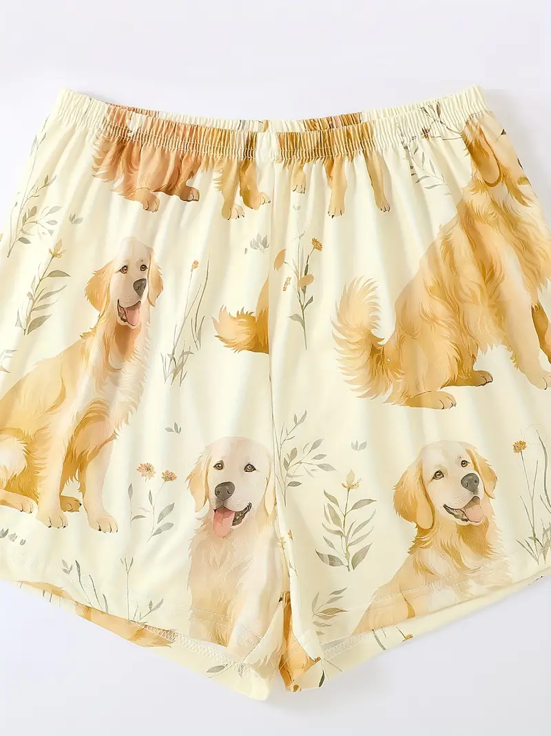 three piece pajama set round neck short sleeve pullover and loose elastic shorts with extended length golden retriever print design wear casual womens sleepwear and loungewear outfit Product details 7