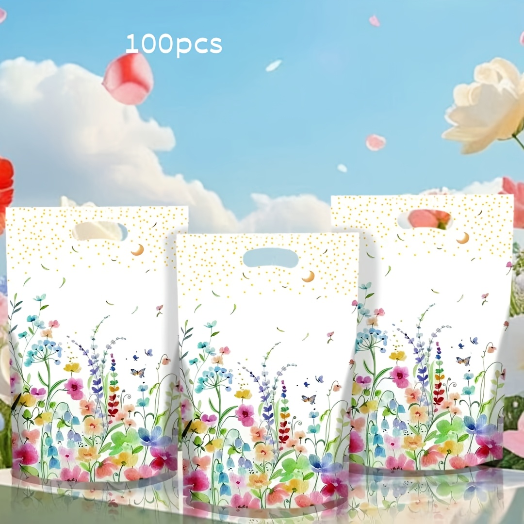 TEMU 100pcs Spring Flower Tote Bags, Floral Handbags, Spring Mother's Day Party Accessories, Clothing And Socks Hand-wrapped Bags