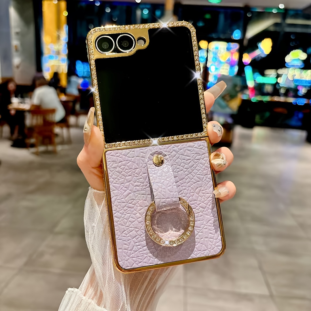 TEMU Phone Case - Trendy Round Ring Shockproof Pu Leather Back Case For Galaxy Z Flip 7/6/5/4/3 5g Stylish Flip Phone Cover