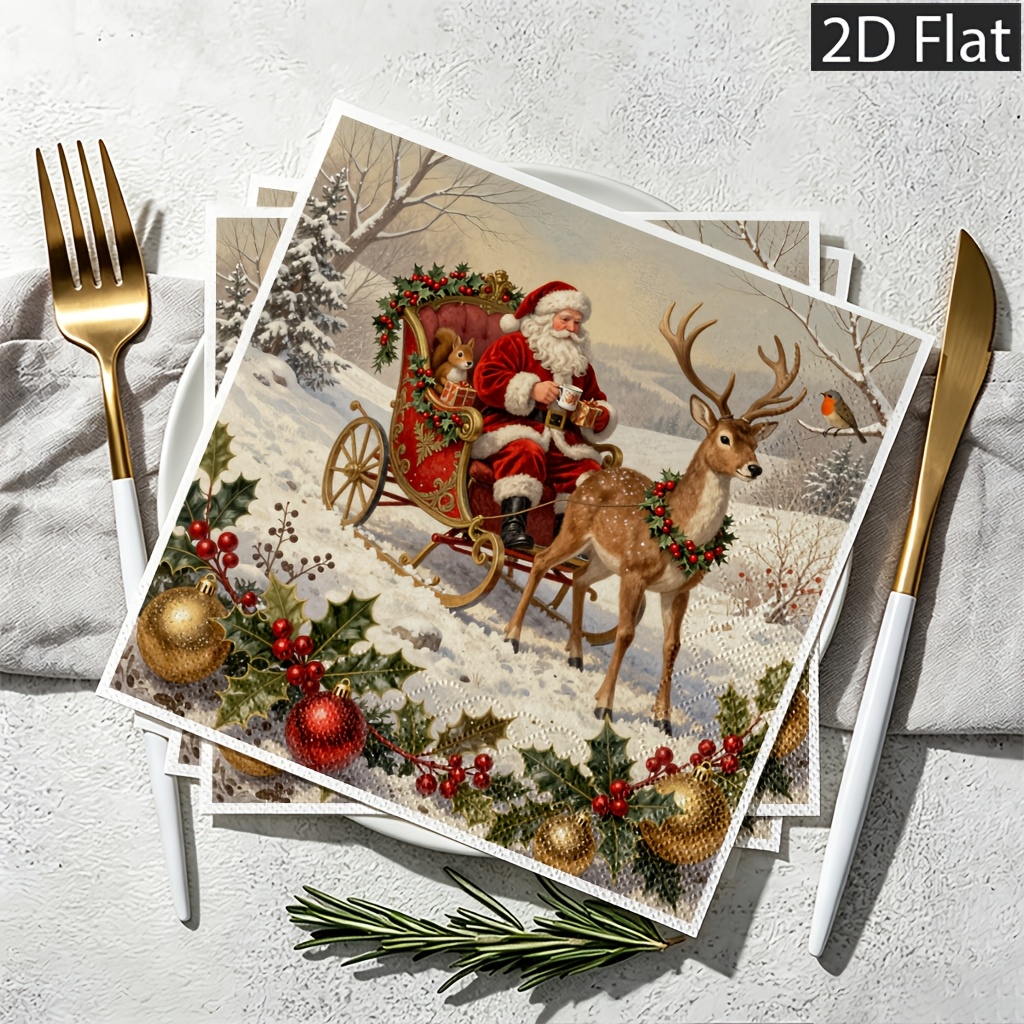 TEMU 2d Flat 20pcs Disposable Paper Napkins, 2-ply For Extra Durability, Festive Scene With Sleigh Riding Figure And Ornament Decorated Reindeer In