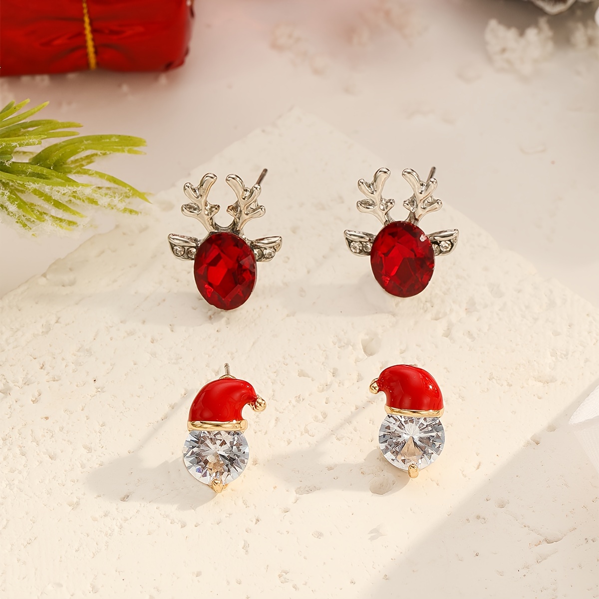 

Christmas Holiday Earrings Set For Women - 2 Pairs 14k Golden Plated Cute Reindeer & Santa Hat Drop Dangle Earrings With Synthetic Zirconia, Copper With Hypoallergenic Posts, Festive Party Accessories