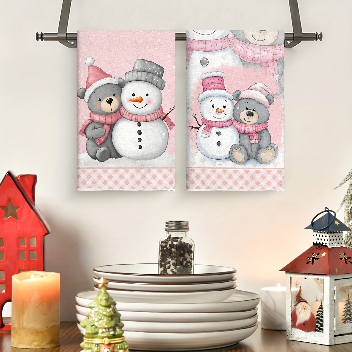 

2pcs Cute Teddy Bear & Snowman Christmas Kitchen Towels - Polyester, Machine Washable, Holiday Decor & Housewarming Gifts, Christmas Decor