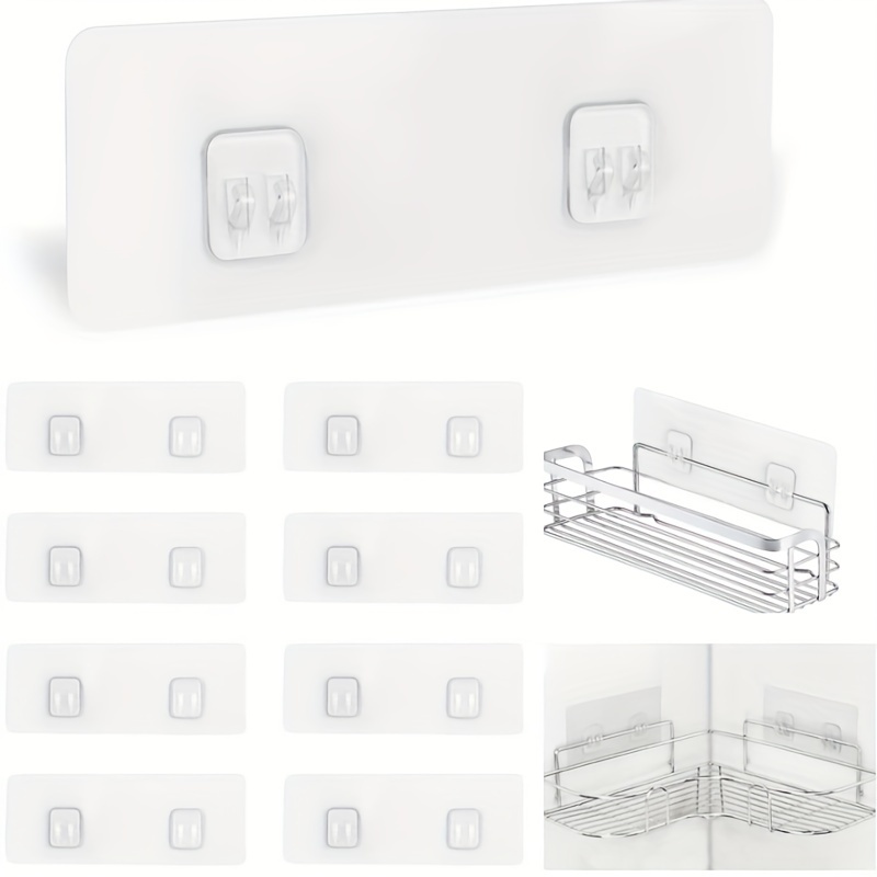 

10 Pieces Set Of Clear Adhesive Hooks Stickers, Strong Hook Strips, For Shower Caddy Baskets, Soap Dishes, Bathroom Storage Corner Shelves, Kitchen Racks - Wall Mountable, Easy To Install