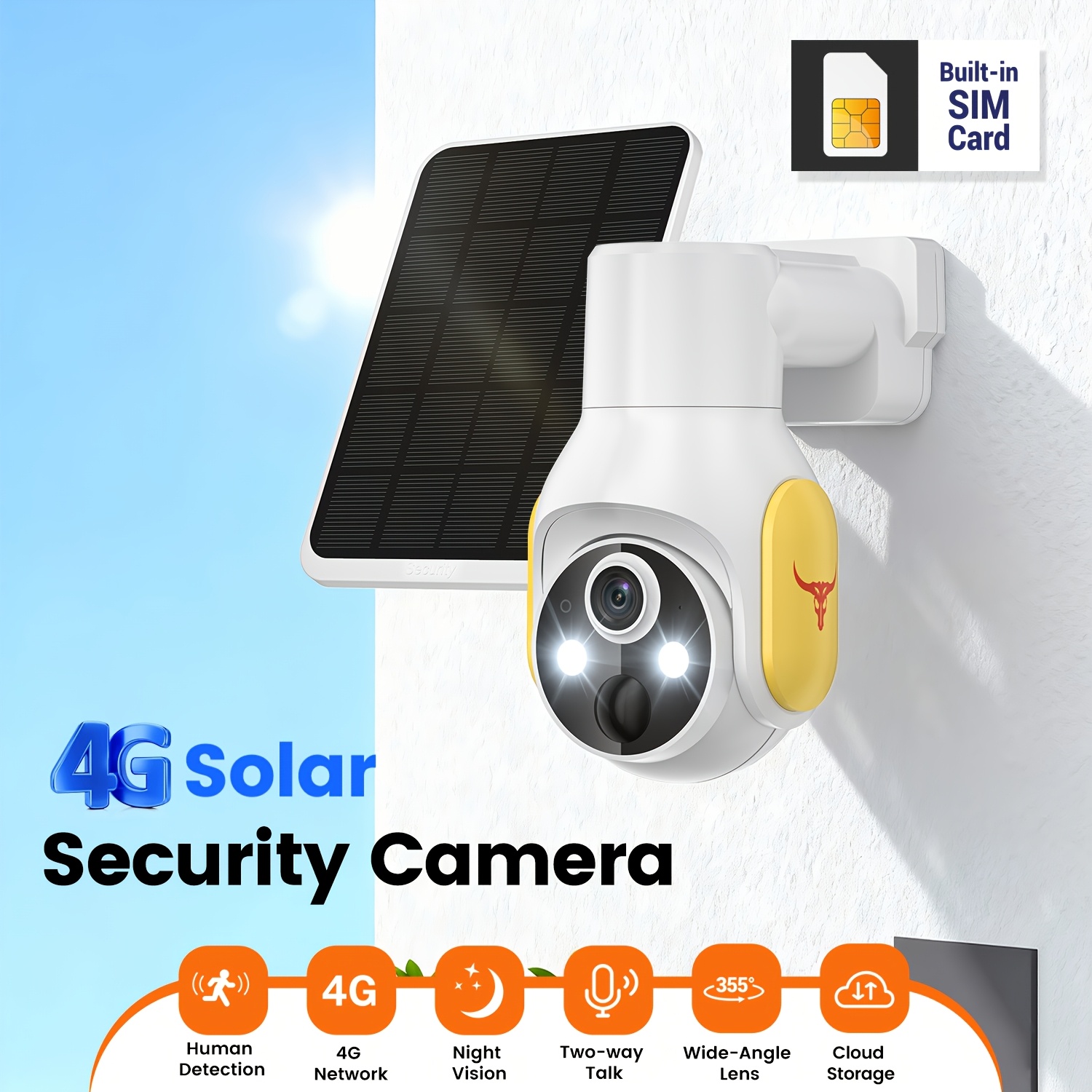 TEMU 1440p Solar-powered Wireless Indoor And Outdoor Security Camera, Communication, Detection, Home Security, Rotatable Camera, Infrared Night Vision, No Wifi Required, Built-in 4g-sim Card