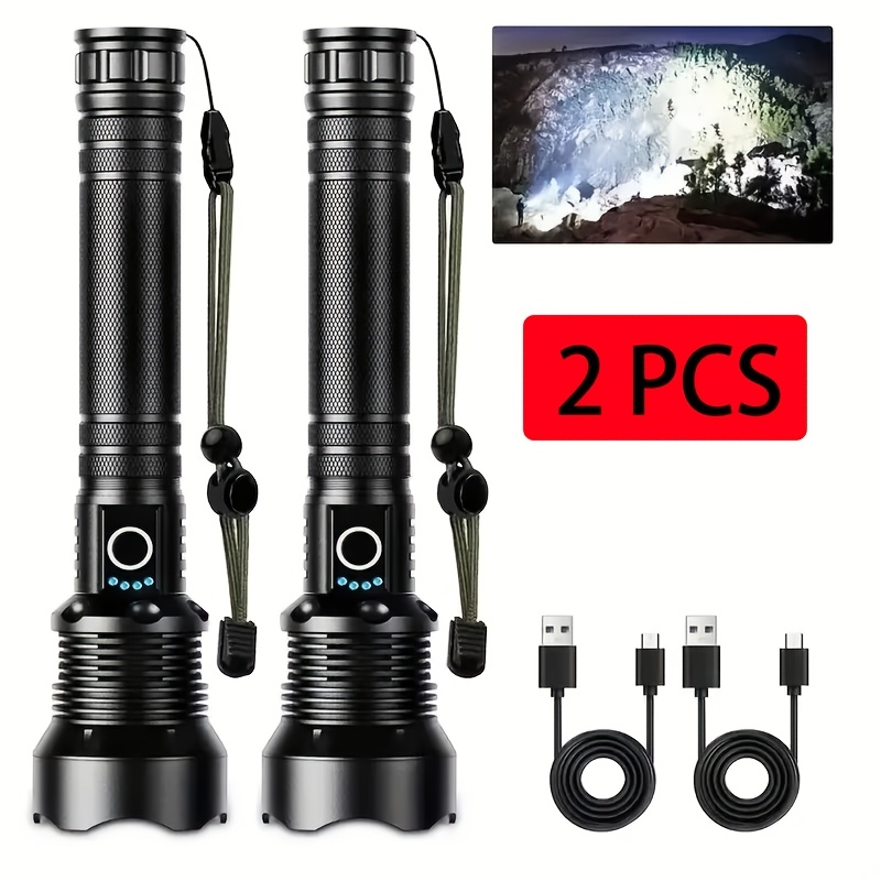 TEMU 2pcs P70 Tactical Flashlight Rechargeable Led Torch With, 5 & Adjustable Beam, - Suitable For Emergencies, Hiking, Camping, Security, Hunting, For Men's Tool Gift For ()