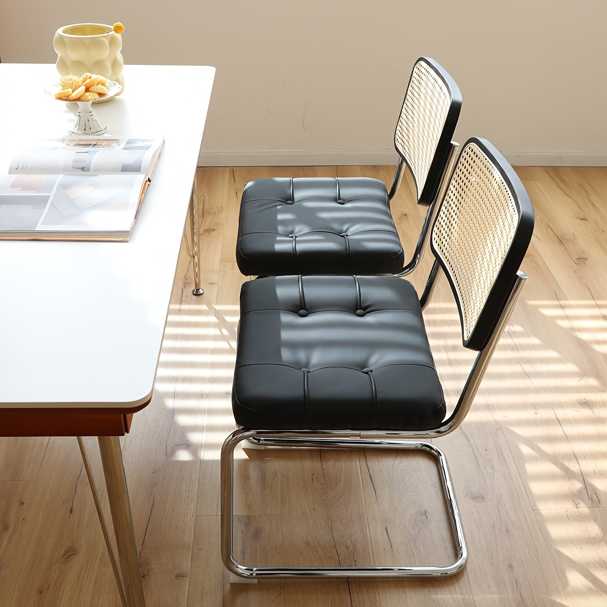 TEMU Dining Chairs Set Of 2, Velvet Rattan Side Accent Chairs With Chrome Legs, Modern Mid Century Designed Chairs, Upholstered Dining Living Room