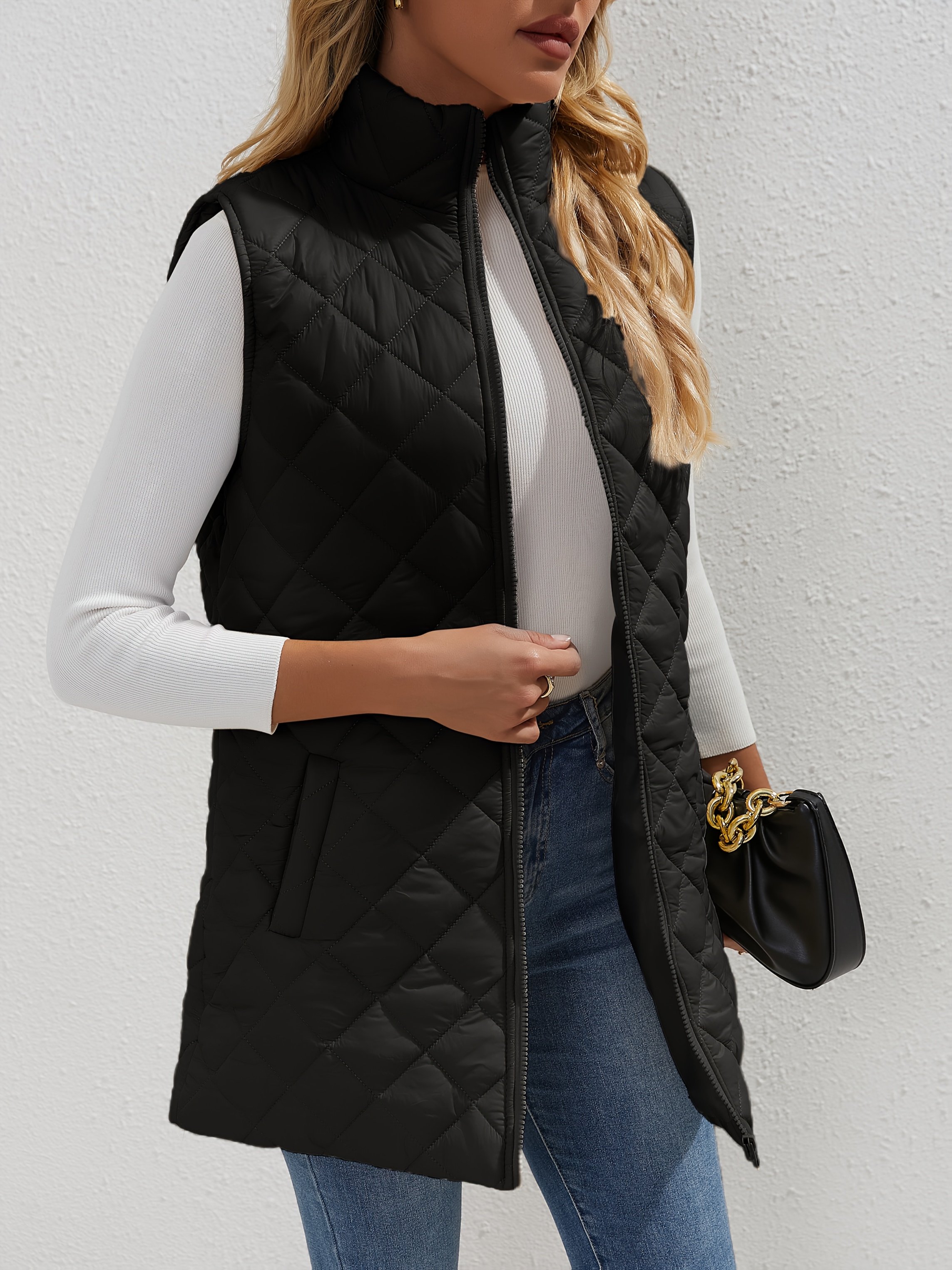Solid Color Pocket Quilted Vest Casual Zip Front Sleeveless
