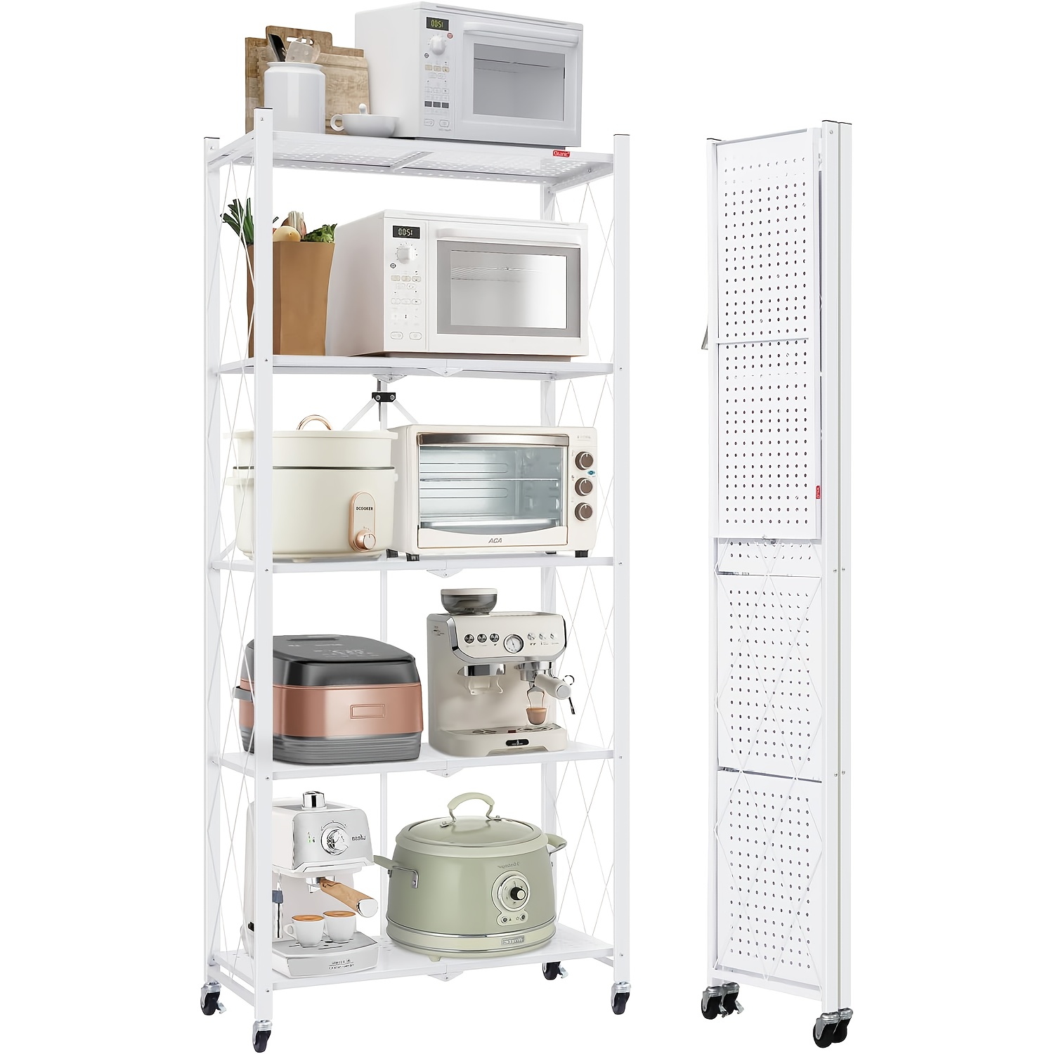 TEMU 5 Ripiani Scaffale per Cucina, Stabile e Pieghevole con Ruote in Ferro, Senza Necessit� di Installazione, Organizzatore e Contenitore per