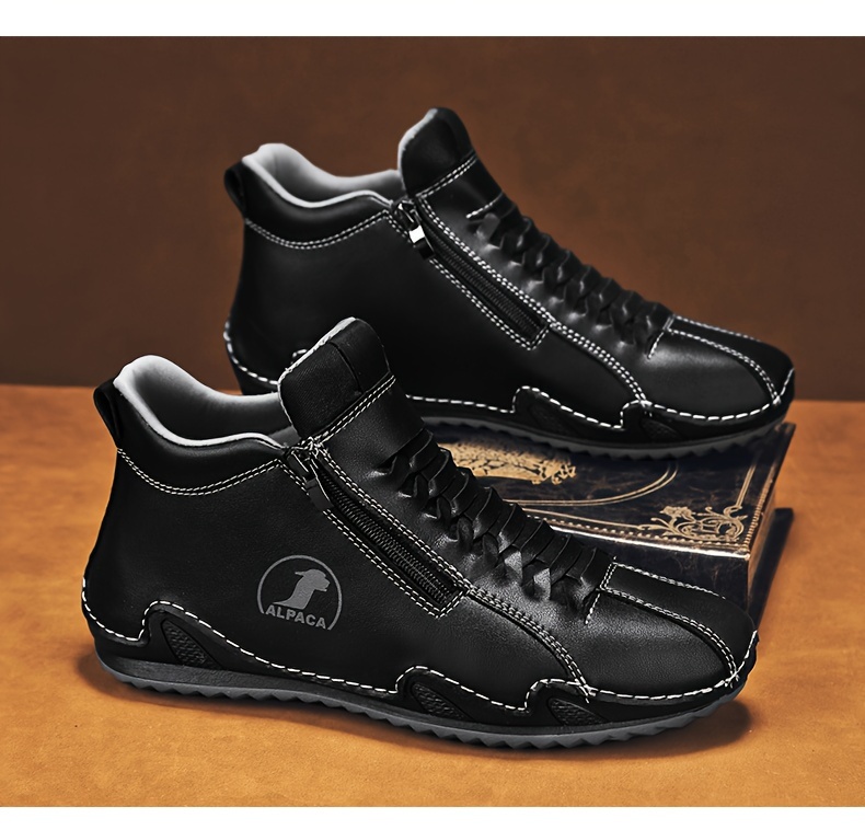 [Casual & Outdoor Shoes] Men's Ankle-High Zipper Boots - PU Upper & Rubber Sole, Slip-On/Lace-Like Zip Closure, All-Terrain Traction (EU 39-48), Casual & Outdoor Shoes for Winter/Spring/Fall, Round Toe Ankle Booties with Cushioned Insole