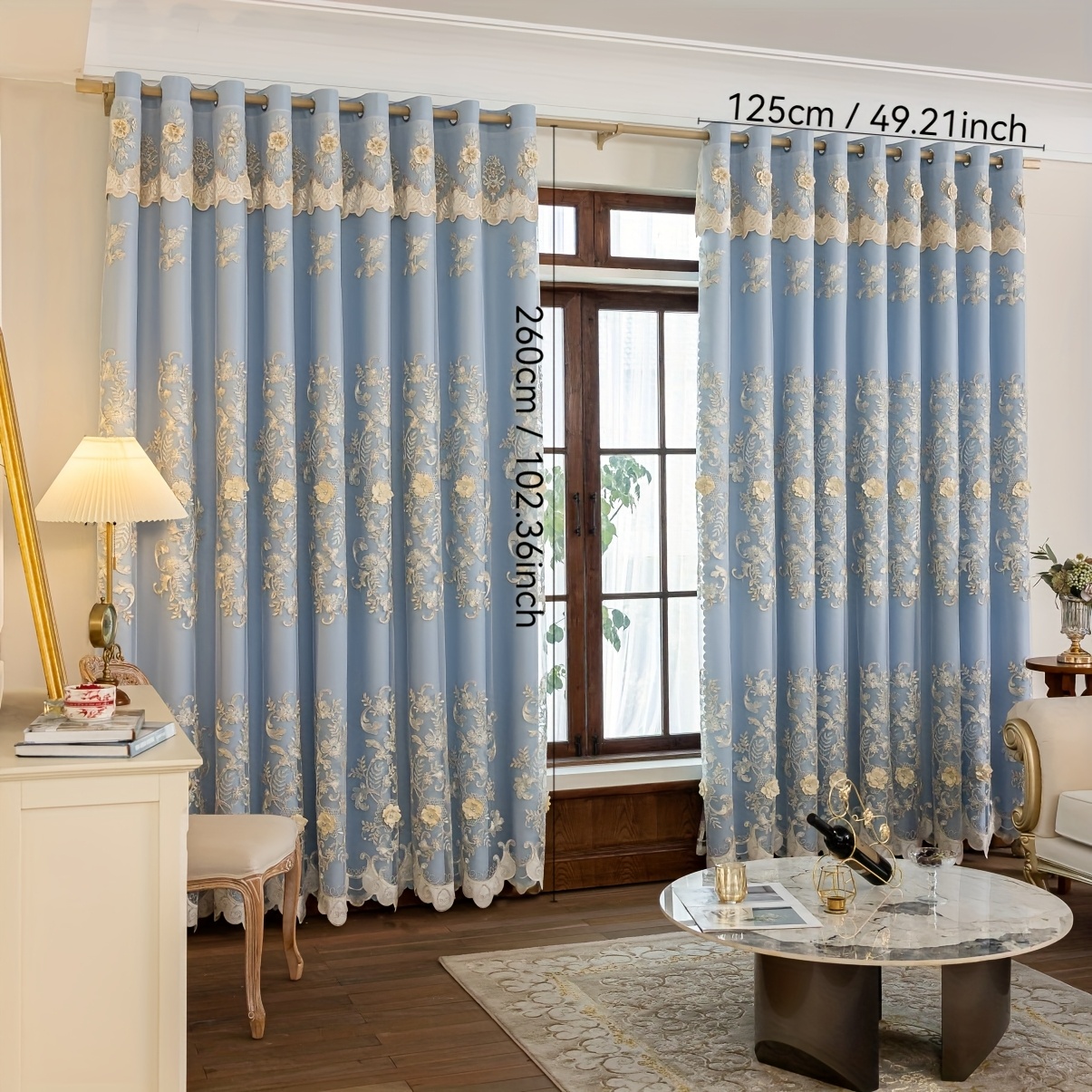 TEMU 2pcs European-style Double-layer Embroidered Floral Jacquard Blackout Finished Curtains, Suitable For Living Rooms And Bedrooms, With Perforated