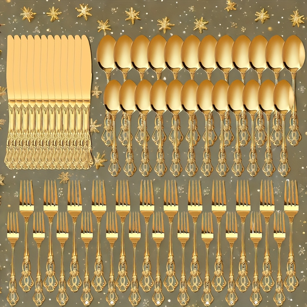 TEMU 24/30/60pcs Golden Silverware Set, Suitable For 12 People, Suitable For Outdoor , Silverware Set, Birthday Parties, And Outdoor Barbecues.