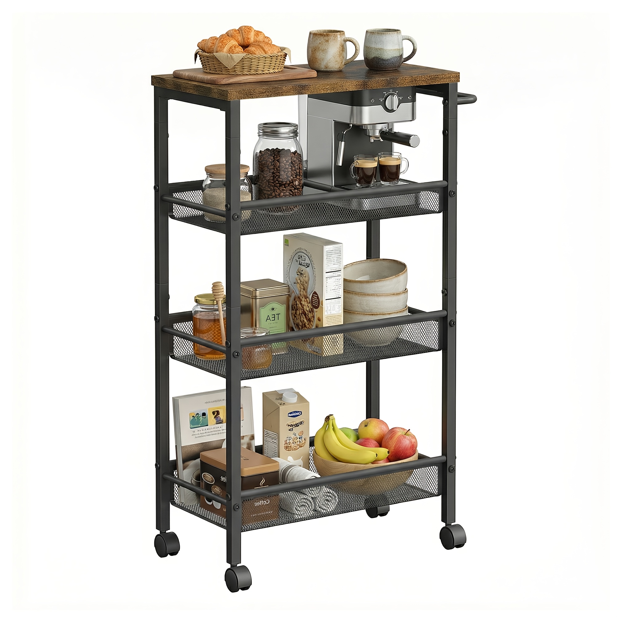 Trolley 4 Shelves, Storage Rack, Niche Shelf On Wheels, Bathroom Storage, Steel, Handle, Small Spaces, 23.5 X 46.5 X 78.5 Cm, Suitable For Kitchens, Bathrooms, Bedrooms, And