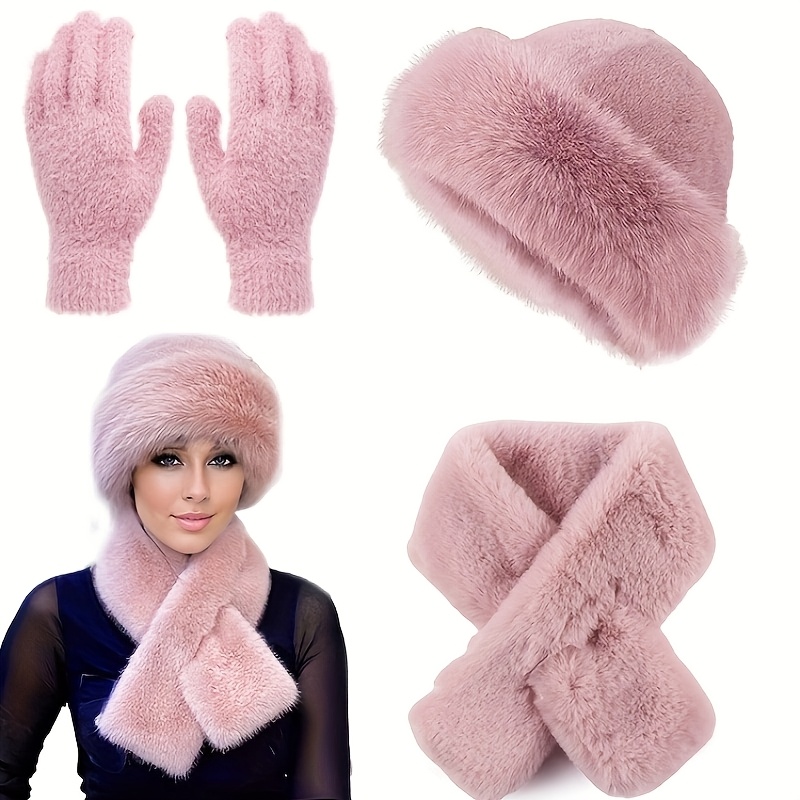 

Ensemble 3 pièces pour femme - Chapeau, écharpe et gants en fausse fourrure de style mongol - Polyester - Tissé, non extensible, plumes - Lavage à / - Cadeau de Noël