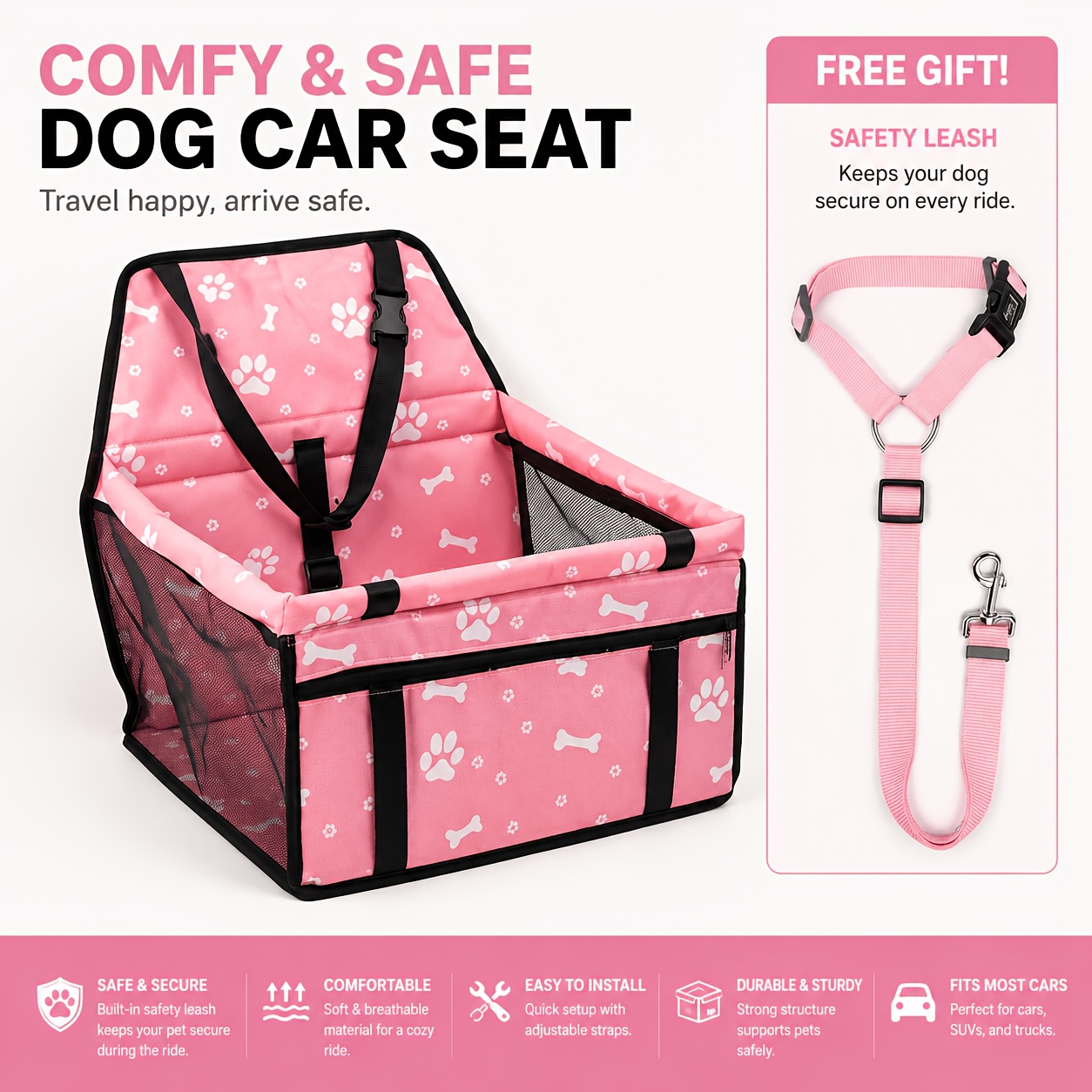 TEMU Dog Car Safety Seat And Travel Strap - Oxford Breathable Foldable Soft Washable Pet Strap (includes Drawstring), With Safety Belt And Adjustable