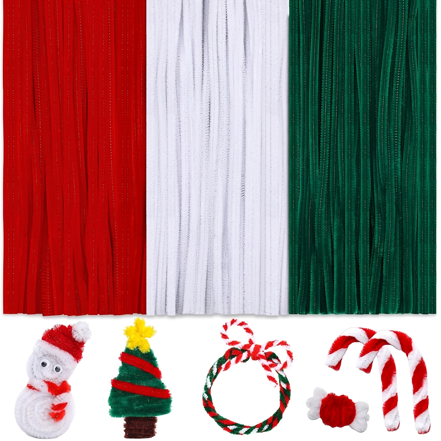 100 Pcs Christmas Pipe Cleaners – Assorted Green, Red, White, Brown – Super Soft Chenille Stems For Crafts, DIY Decorations (6mm X 30cm)