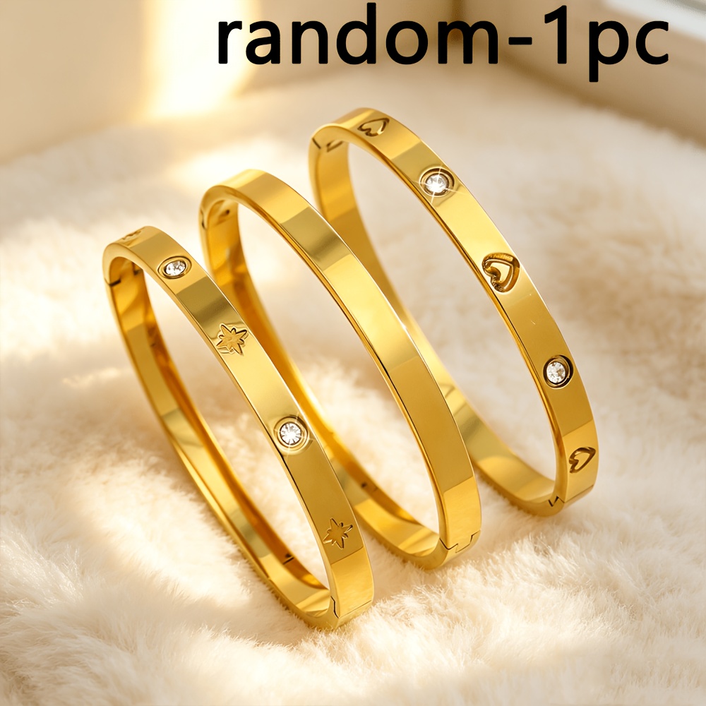 TEMU Random 1pc 18k Gold-plated Stainless Steel Bracelet, Engraved With Stars And Hearts, Inlaid With Synthetic, Slim Stackable Bracelet, Waterproof,