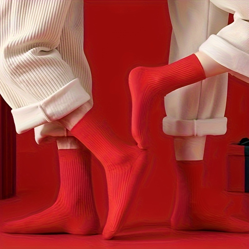 

5pcs Red Crew Socks - Cozy & Stylish Polyester , Fall/winter