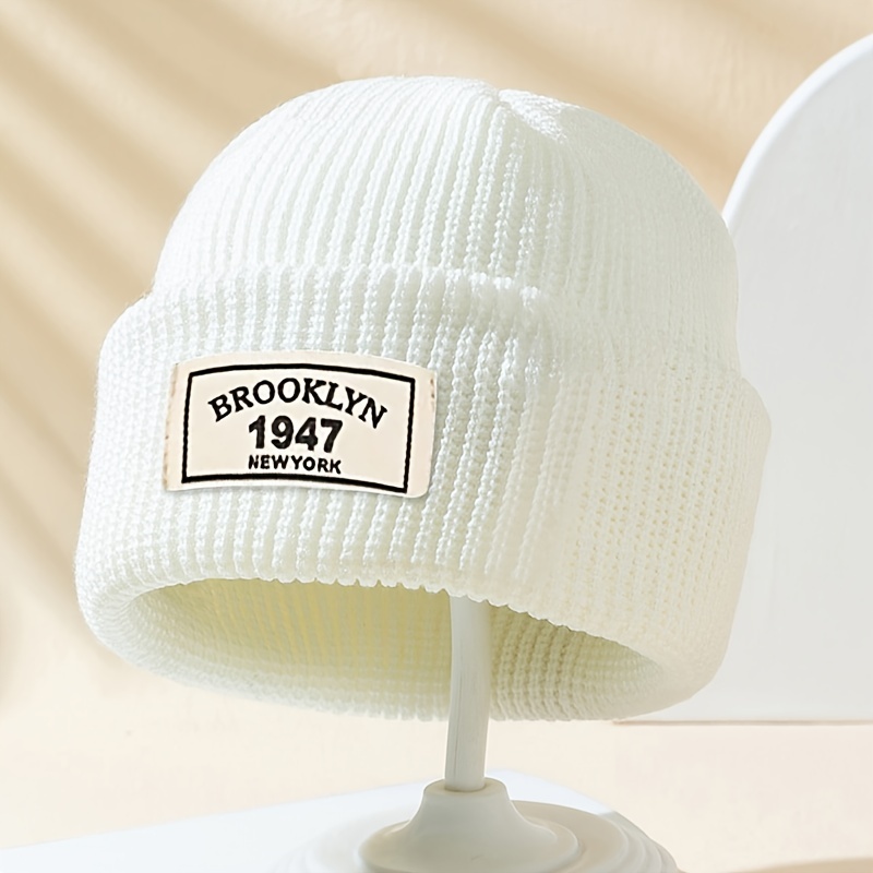TEMU Brooklyn 1947 Acrylic Knit Skullies & Beanies - High Stretch Street Style Alphabet Patterned Hip Hop Beanie, Warm Knitted   For Outdoor Activities, Hand Wash/dry Clean - Makefge