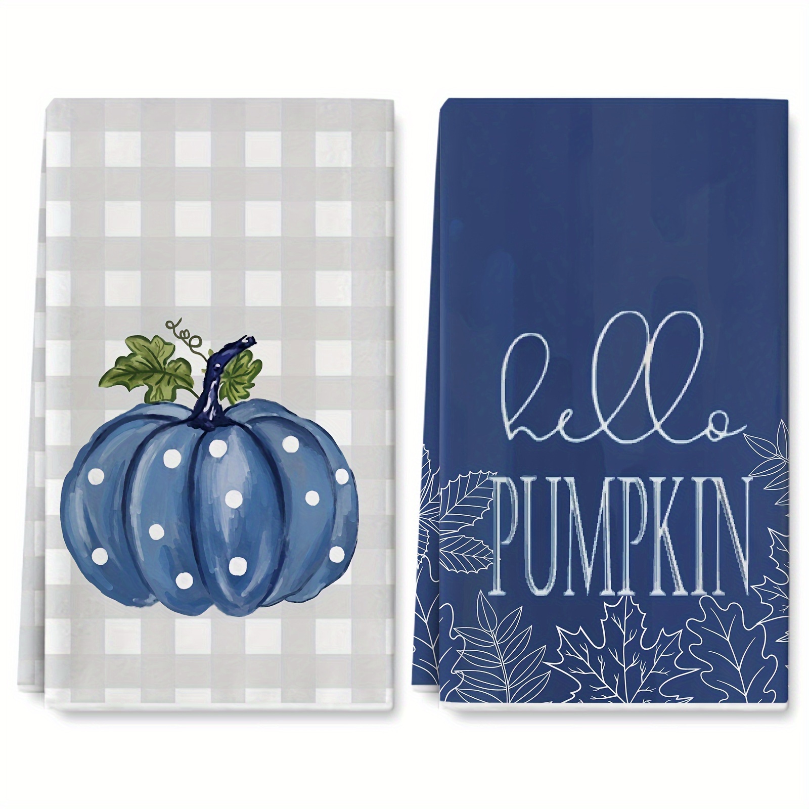 

2-piece Autumn Pumpkin Kitchen Towels - 18x28 Inch, Ultra-soft Polyester, Grey Plaid & Blue Pumpkins Design, Perfect For Thanksgiving Decor, Cooking, Baking & Cleaning