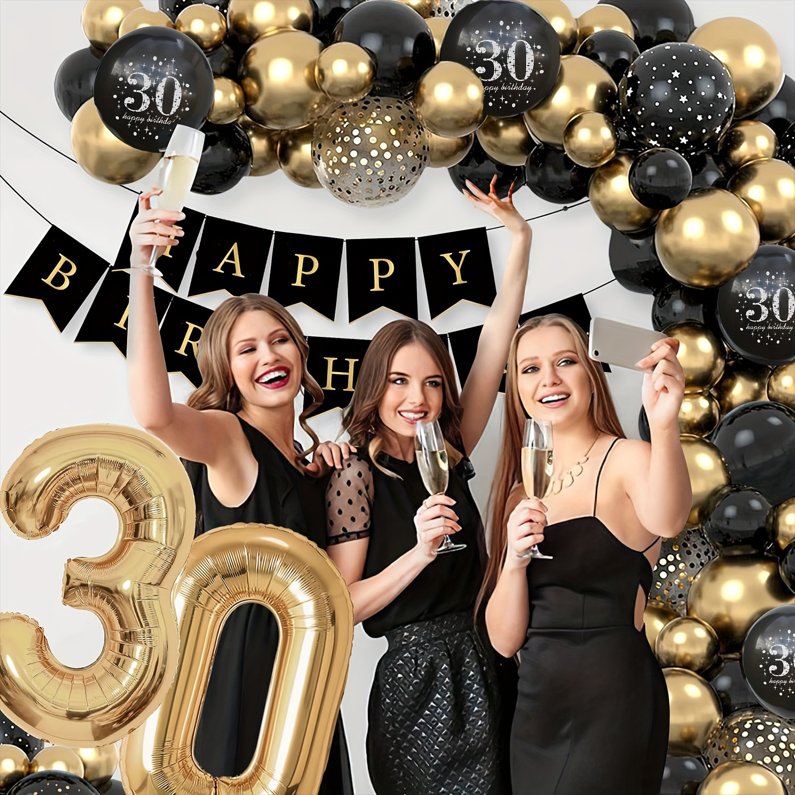 Decoración del 30 cumpleaños, 30 Decoraciones de cumpleaños de la fiesta de  las mujeres del hombre, Feliz cumpleaños Globo de guirnalda Decoración de  oro negro
