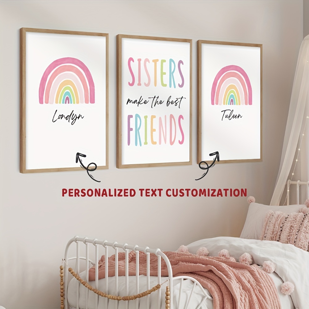 

Customizable 3pcs Sisterly Wall Art Set - Vibrant Boho Rainbow Canvas Prints With Personalized Names For Girls' Bedroom & Nursery Decor, Unique Birthday Gift Idea, Design