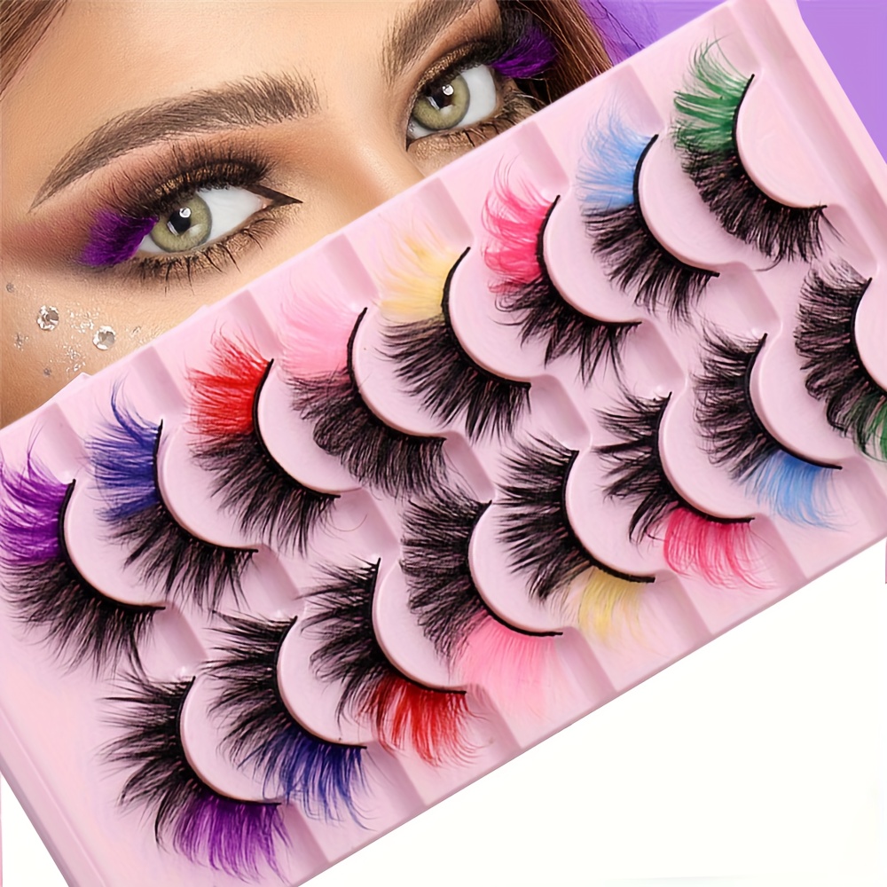 

8 Pairs Colored False Eyelashes, Festival Style Dramatic Colorful Makeup Lashes For Decorative New Year Cosplay Party Stage, Fake Lashes Extension With Color
