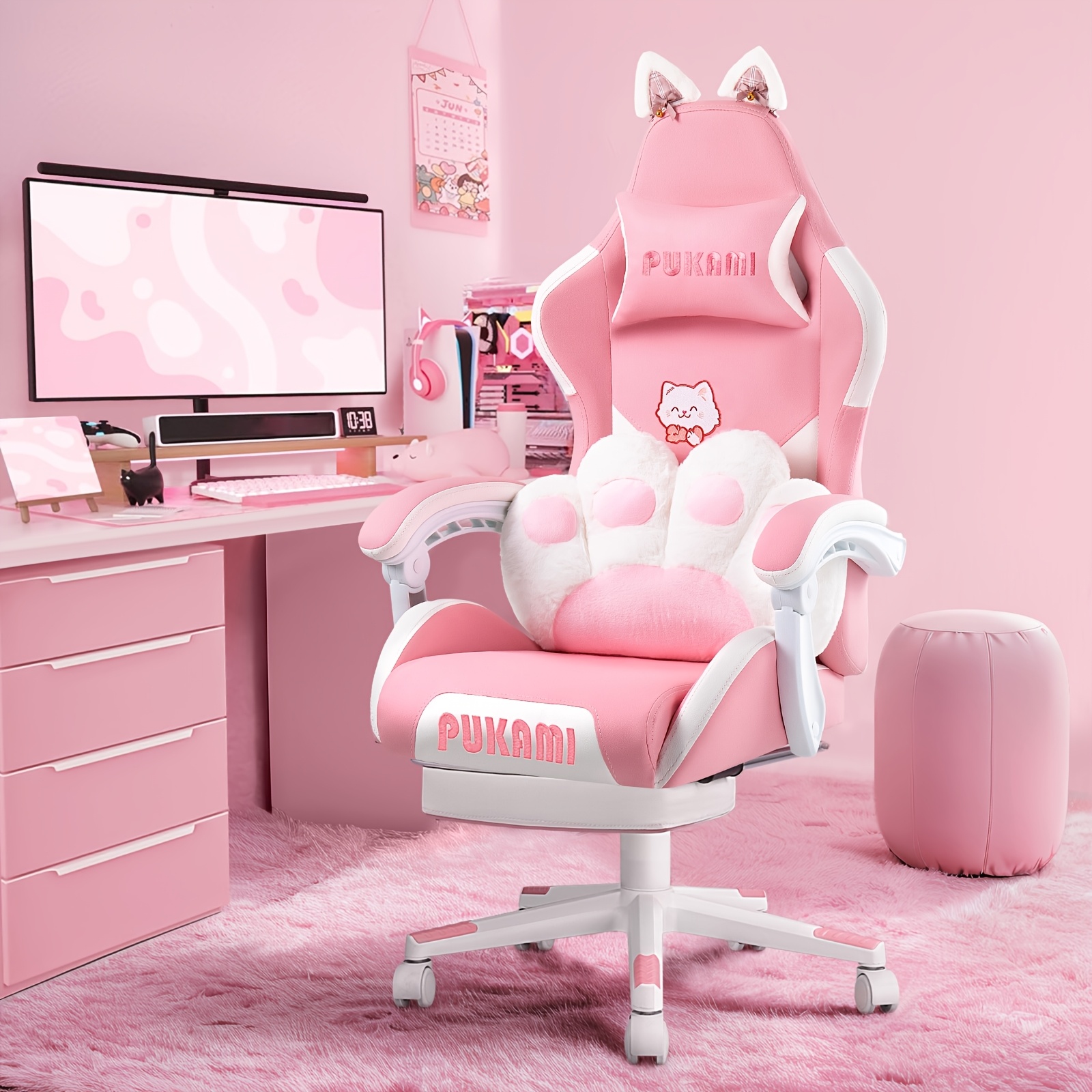Pukami Gaming Chair With Cat Ears And Cat Paw Cushion Pillow | Cute Computer Chair For Girl With Footrest, Ergonomic, Manual Reclining, Synthetic Faux Leather Upholstery, Metal Frame, Foam Filling