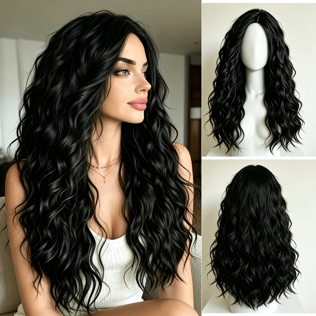 TEMU 1-brand Suitable For Sizes Women' 26-inch Long Curly Synthetic Wig With Adjustable Breathable Mesh & Heat-resistant Hair - Center Parted Waves