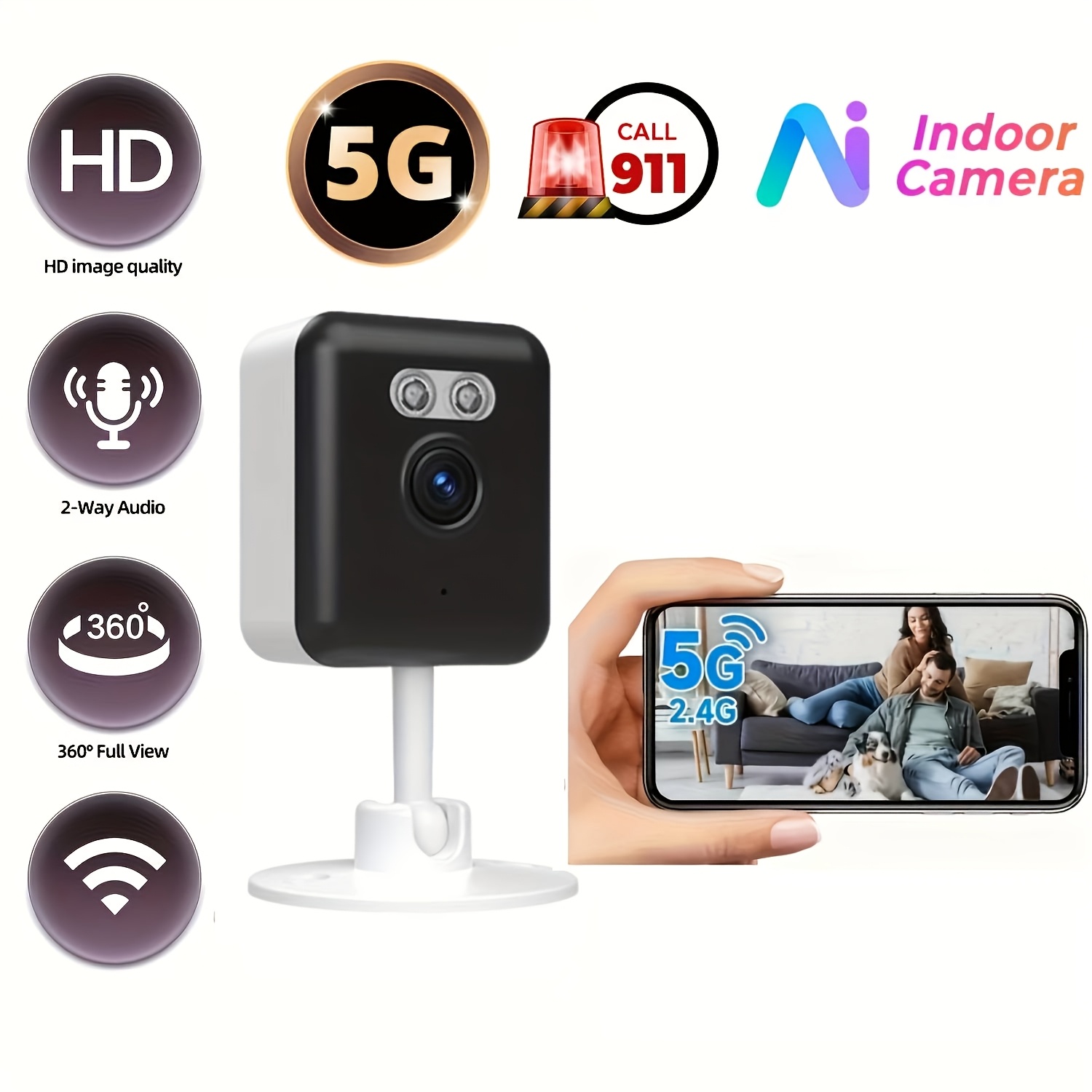 TEMU 5g/2.4ghz Dual-band Wifi Surveillance Camera, Indoor Smart Home Security, 4mp High-definition Camera, Color Night Vision, Audio, Motion Sensor
