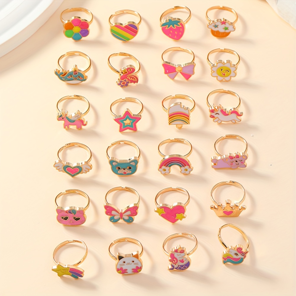 

24pcs Set Of Children's Alloy High-quality Rings, Cute Macaron Candy 's Rings, Heart-shaped Box, Party Birthday Gift Multi-piece Set