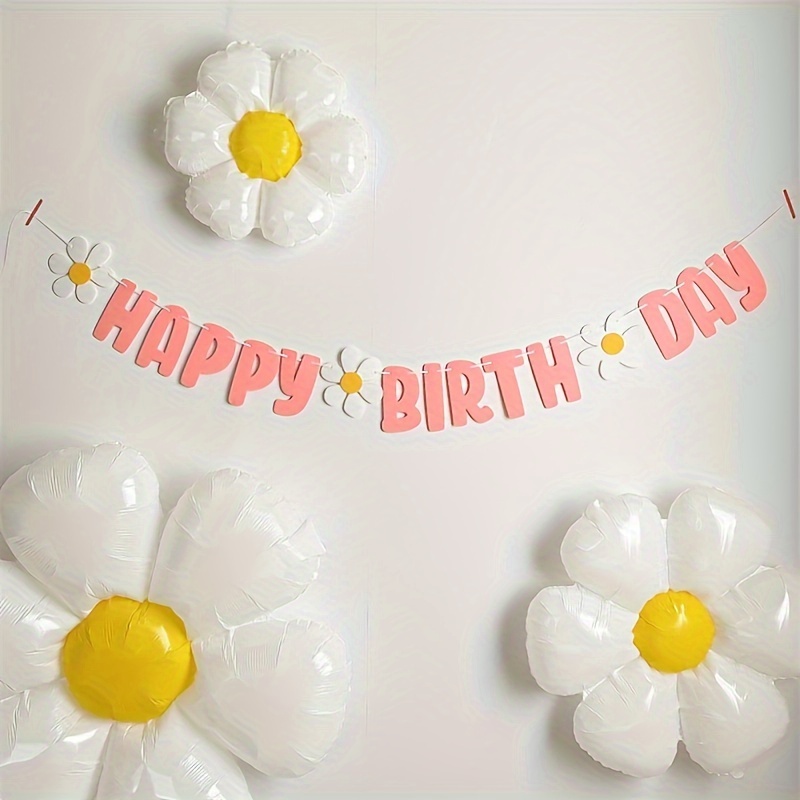 

Daisy-themed Birthday Party Banner Set - Bright Pink Felt Happy Birthday Garland With Cute Daisy Decor, Versatile For Indoor And Outdoor Celebrations, Year-round Festivities, 1 Set