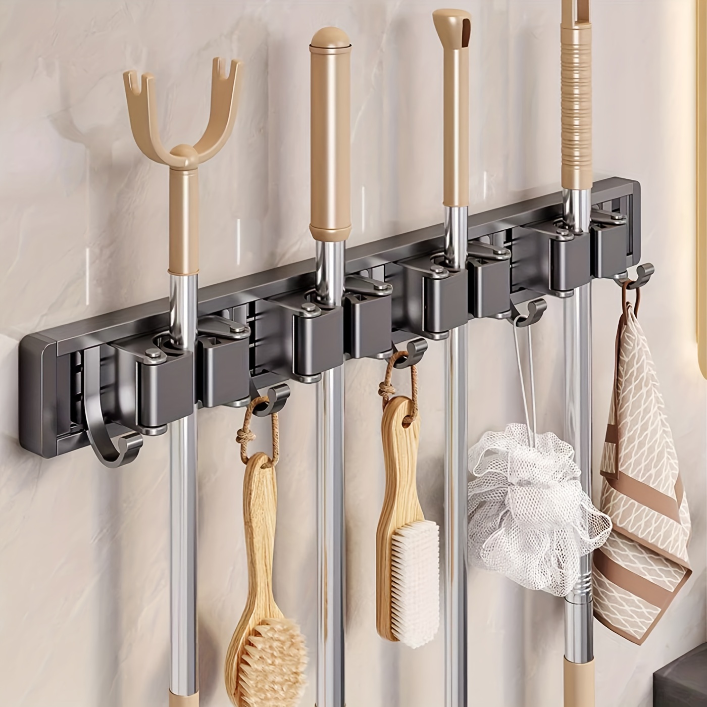 1pc Bathroom Storage Rack Metal Mop & Broom Holder with Adjustable Hooks, Wall-Mounted Storage Organizer for Home, Kitchen, Garden, Laundry, Garage - Lacquered Finish, Space-Saving Shelf for Mops, Brooms, Tools, Shelves