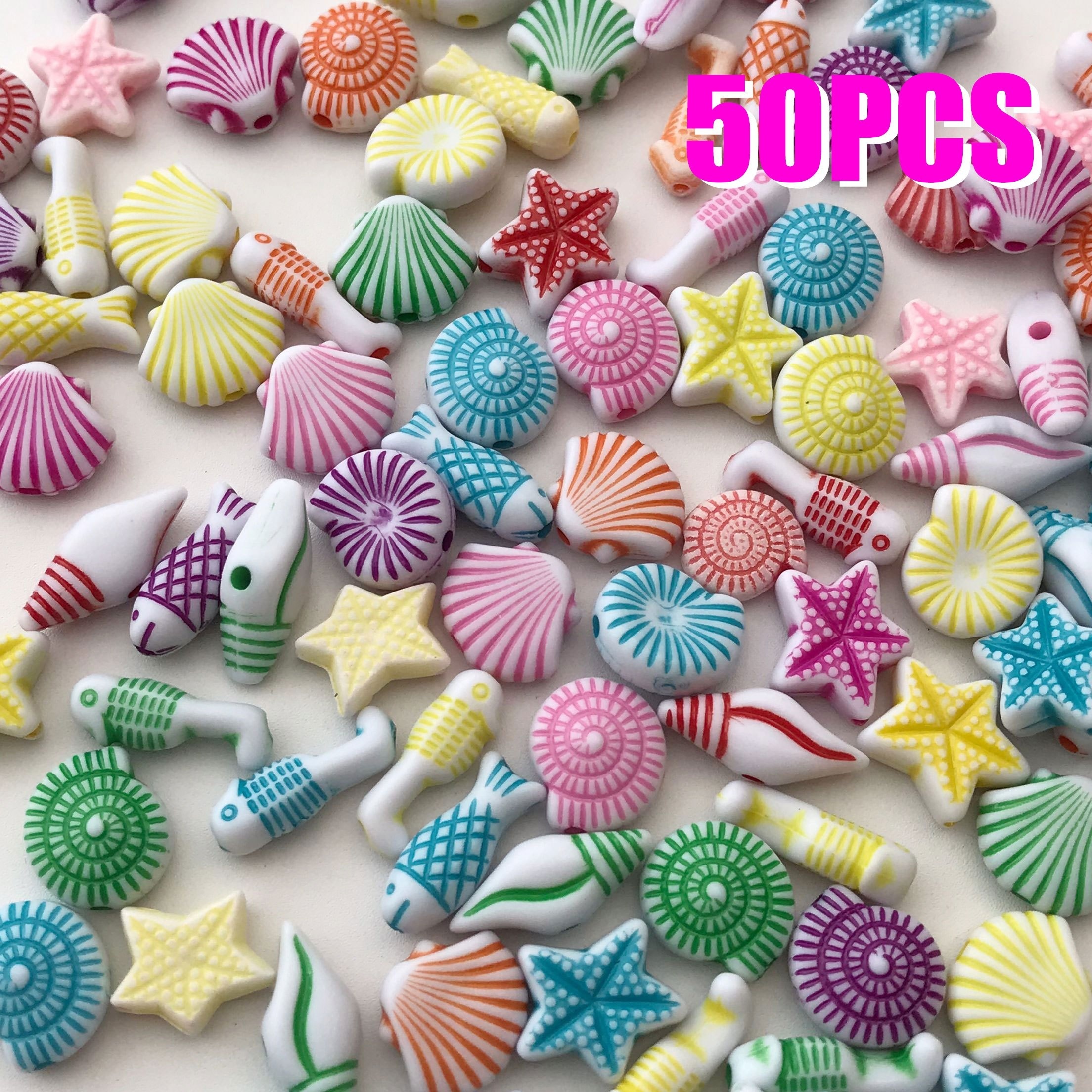 TEMU 50pz/13Mm X 12Mm Perline Miste Acriliche con Stile , Accessori per Gioielli, Stella Marina, Conchiglia, Perline Distanziatrici Multicolore a