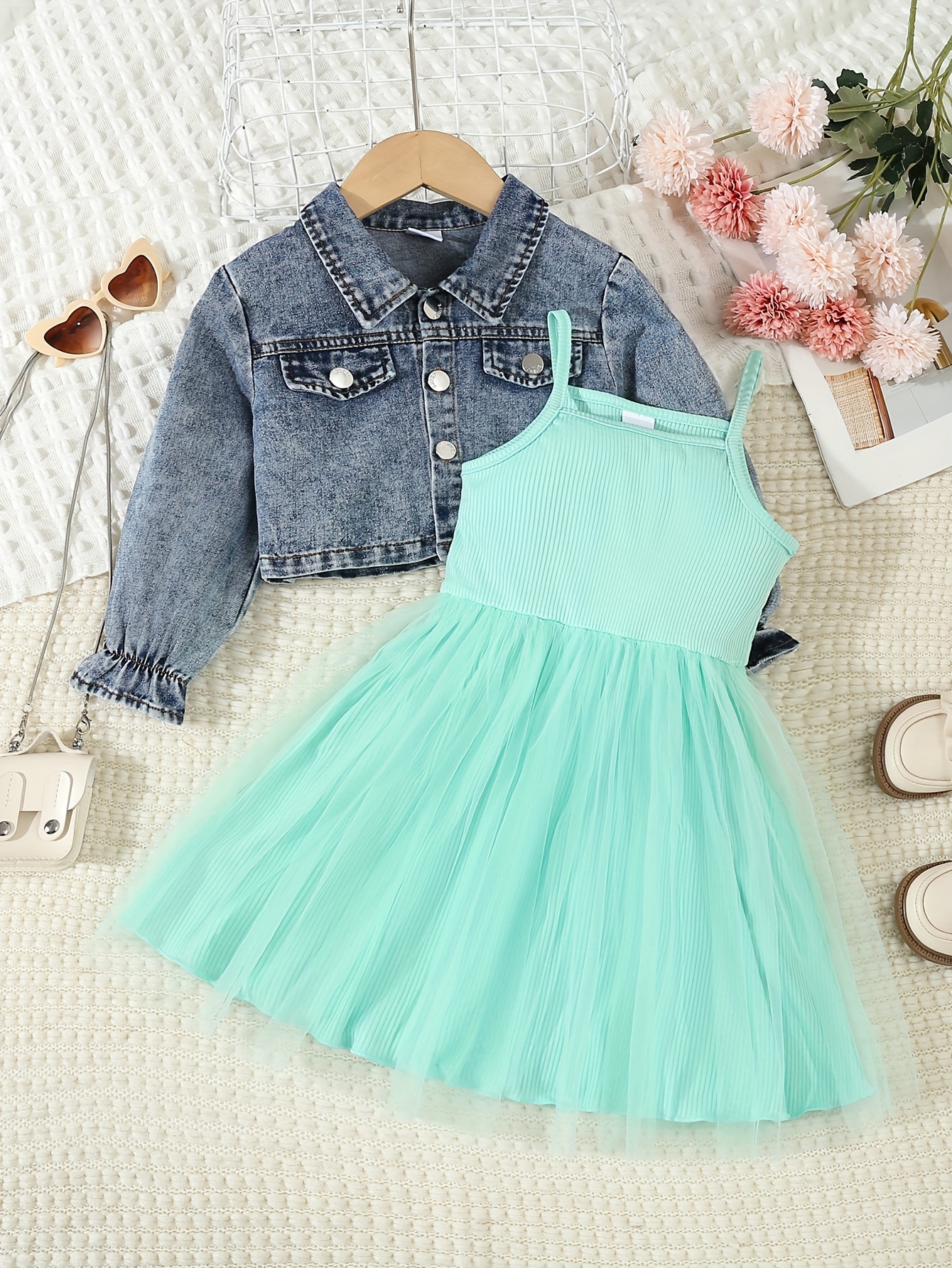 girls' casual denim jacket tulle dress set denim jacket Temu Oman