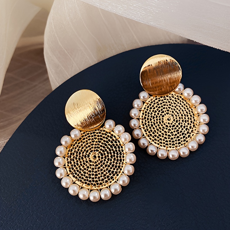 

1 Pair Of Bollywood Style Earrings Golden Flower Design Inlaid Artificial Pearl Match Daily Outfits Party Accessories