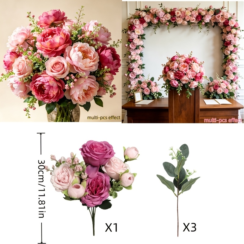 TEMU 4pcs Set Of High-end Dual-color Simulated Peony Bouquets With Eucalyptus, Featuring A Realistic Soft And Smooth Texture, Three-dimensional And