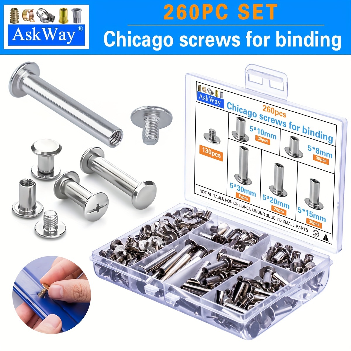 

ASKWAY 260pcs Vis Chicago en métal pour la maroquinerie - Assortiment de rivets pour la reliure, le scrapbooking, la réparation du cuir et l'artisanat