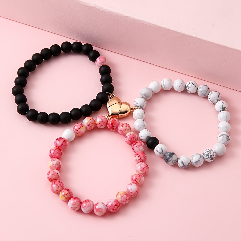 TEMU 3pcs Stretch Bracelets, Cracked Beads With Heart Pendant, Colorful Beaded Jewelry Set For Girls Kids, Cute Friendship Additions, Gifts For