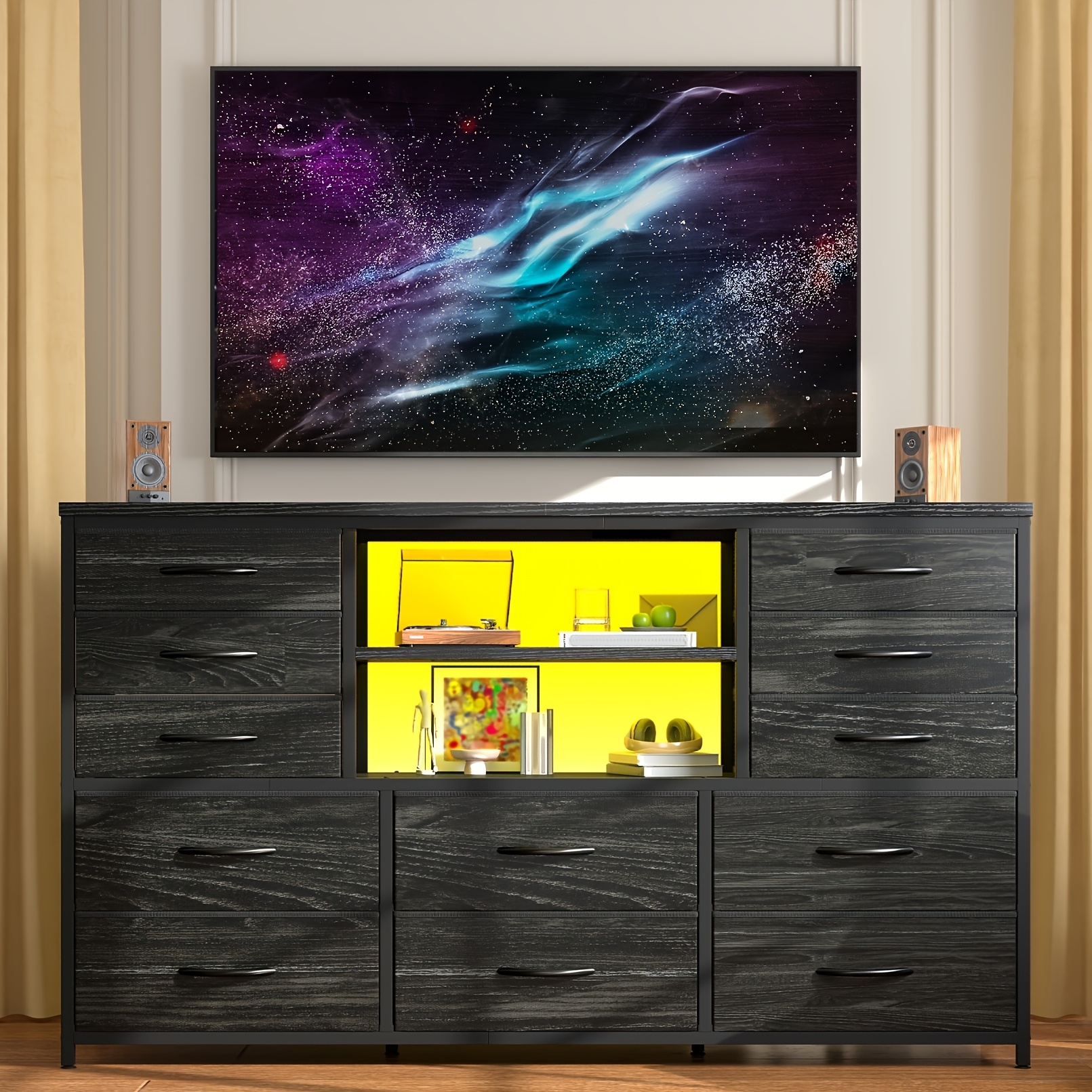 55 inch black dresser 63 Inch TV Stand Dresser With 10 Fabric Drawers Black  ShipItFurniture