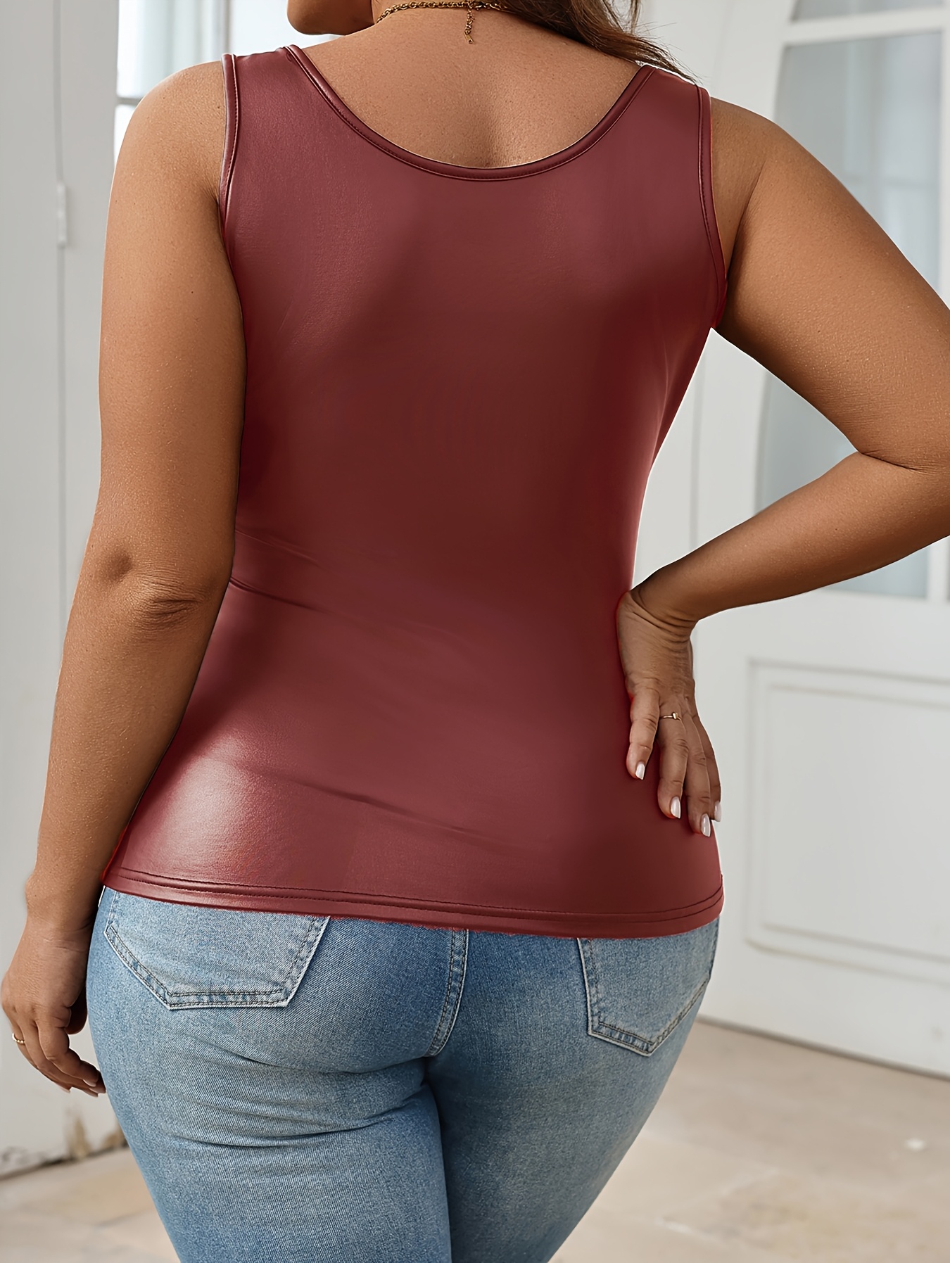 Plus Size Casual Sleeveless Tank Top - Deep U-Neck Backless Design, Stretchy 100% Polyester, Machine Washable, Solid Black for Casual Attire & All-Season Comfort