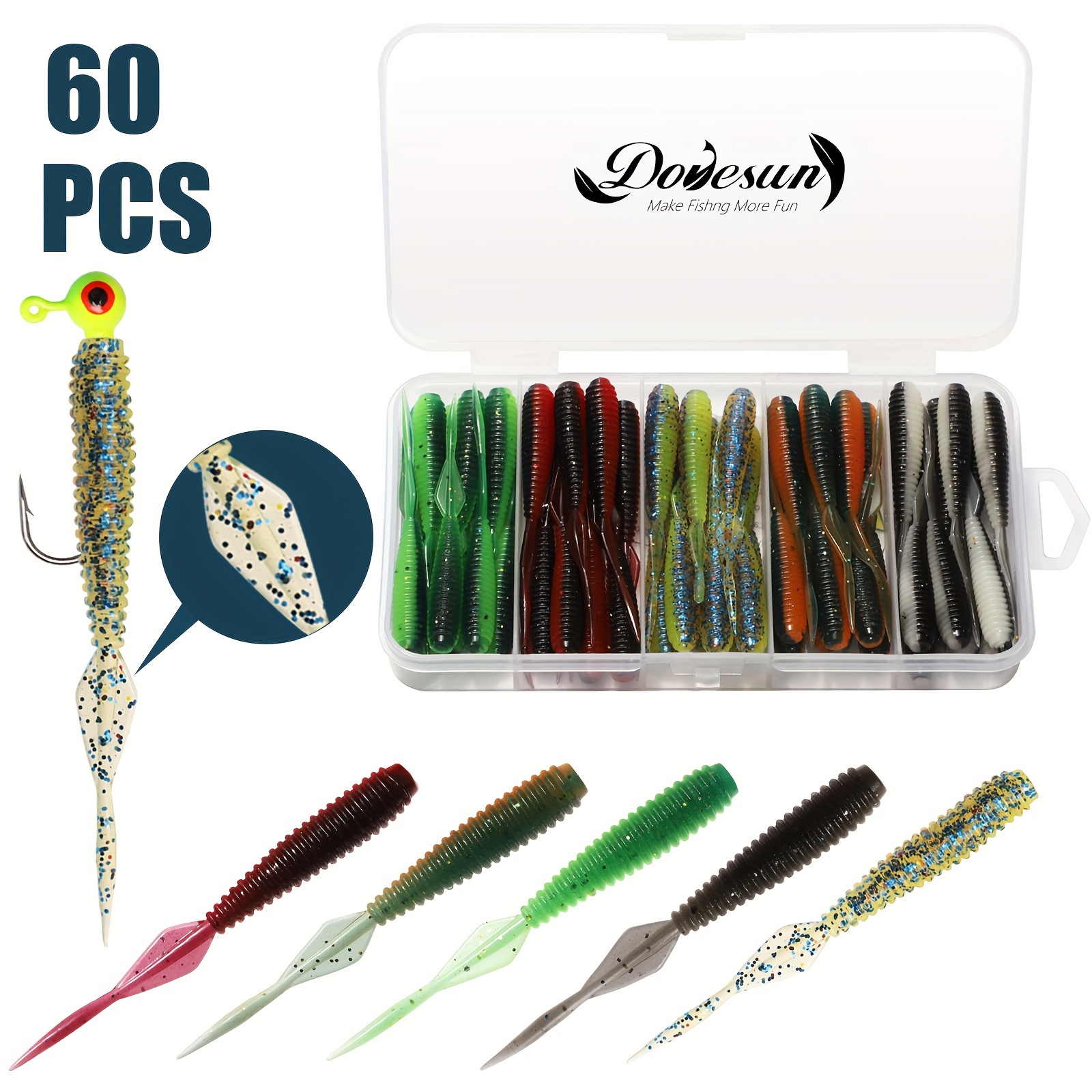

Dovesun 60pcs/box Bass Lure Kit, Fishing Soft Plastic Lure For Crappie Walleye Trout, Fishing Baits With Tackle Box