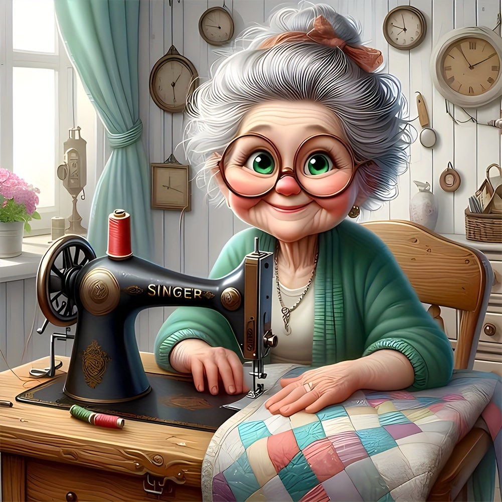 

5d Round Diamond Painting Kit "elderly Woman At Sewing Machine" - Acrylic Diy Diamond Embroidery Cross Stitch Arts Craft For Home Wall Decor And Special Gift