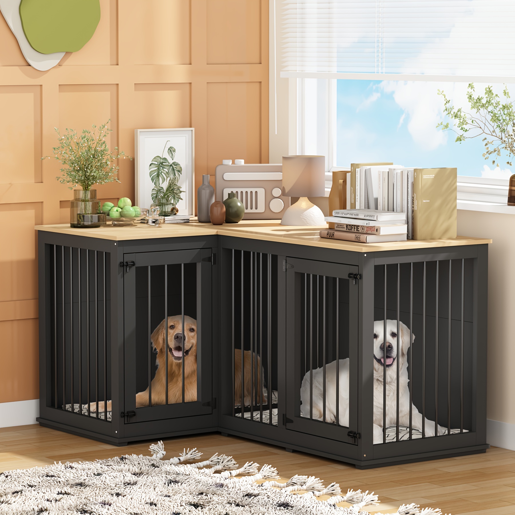 

Large Corner Dog Crate Furniture, Wooden L Shaped Double Dog Crate Kennel Furniture With Divider