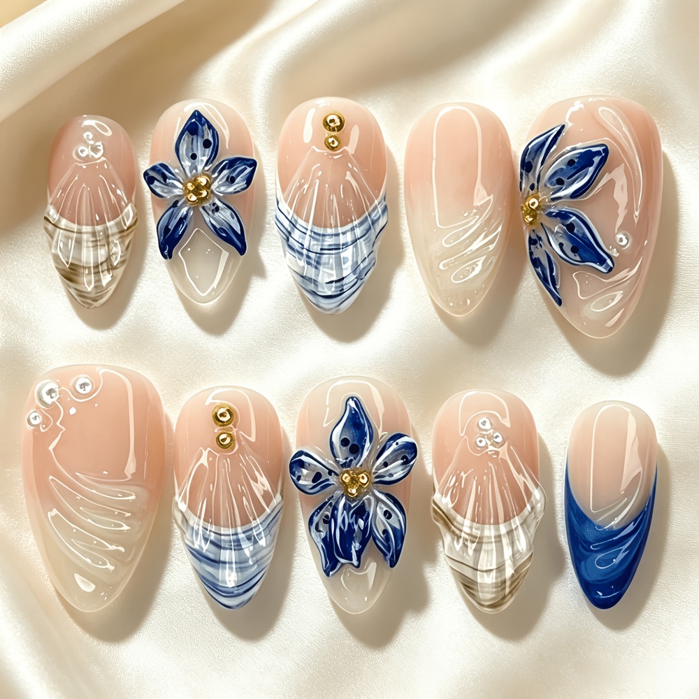 TEMU Lot de 10 extensions d'ongles faites à trempées dans de la colle, adaptées aux mains et aux pieds - Base transparente avec tache , 3D bleue et