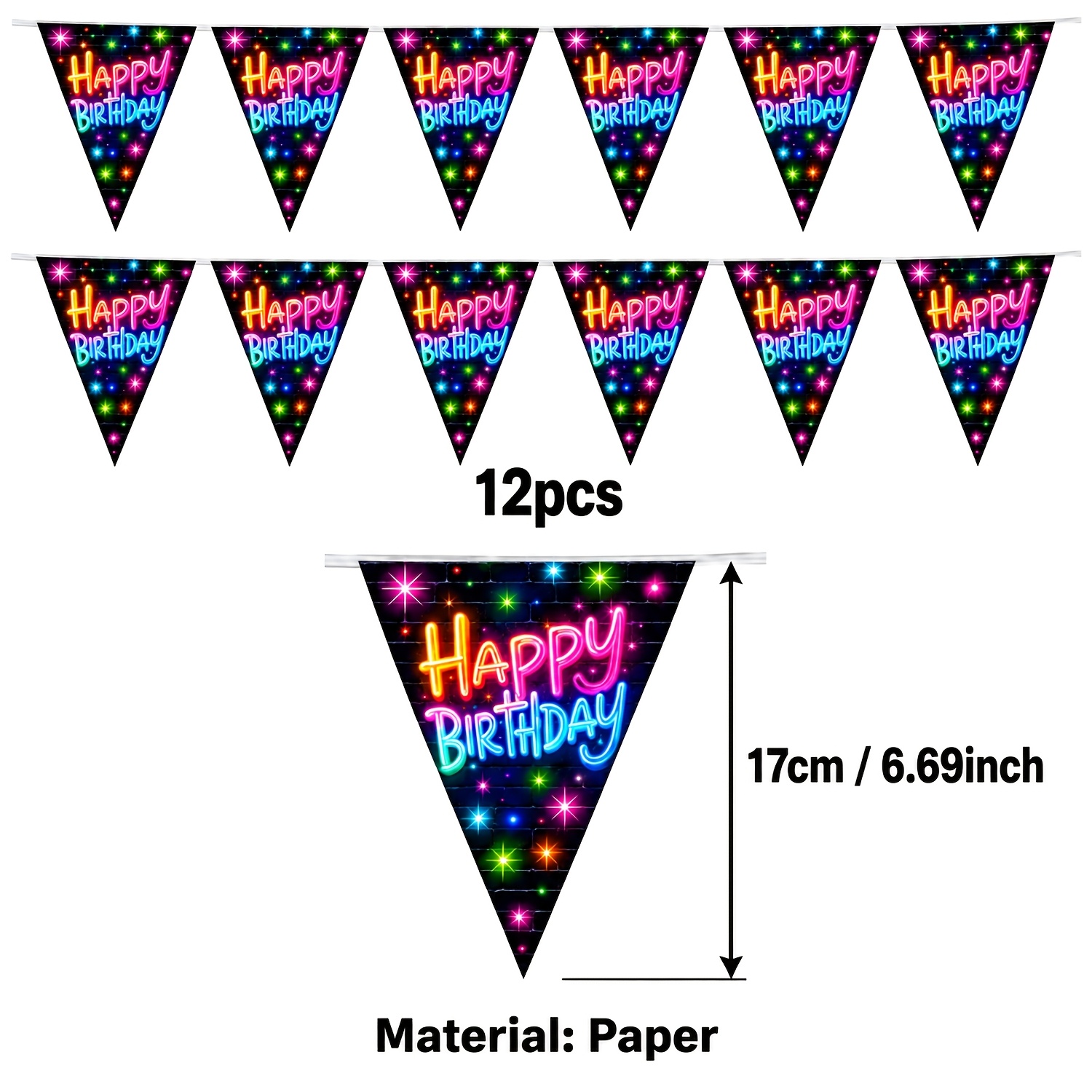 TEMU 1 Set Neon Glow Happy Birthday Banner With Neon Flags - Triangular Bunting Party Decorations Suitable For Birthdays, Weddings, Showers, / Paper